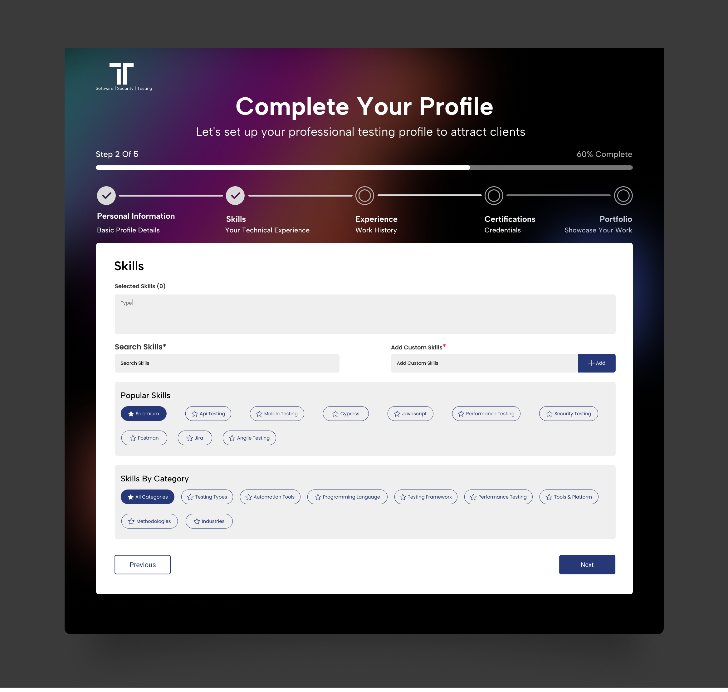 iTester dashboard screen